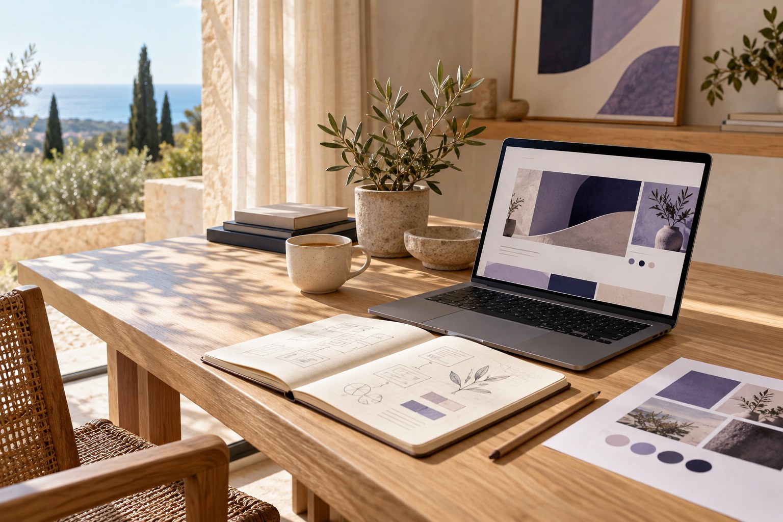 Mesa de trabajo con un diseño web y materiales de planificación digital